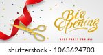 Big opening, best party for all festive banner design with confetti and gold scissors cutting red ribbon on white background. Lettering can be used for invitations, signs, announcements.