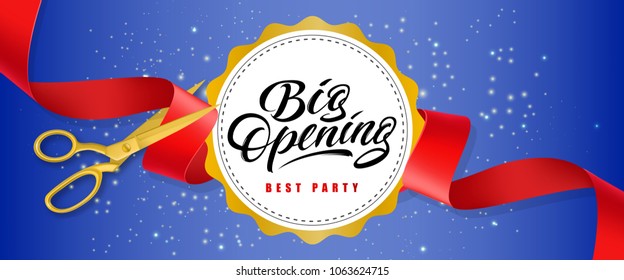 Big opening, best party blue sparkling banner design with text on white circle and gold scissors cutting red ribbon. Template can be used for signs, announcements, posters.