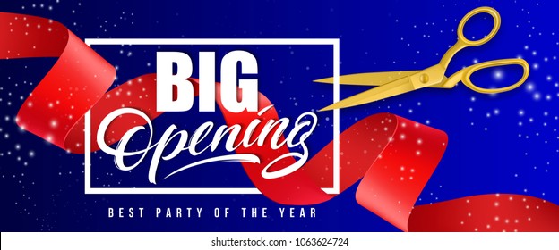 Big opening, best party of the year sparkling banner design with frame, gold scissors and red waved ribbon on blue background. Template can be used for signs, announcements, posters.