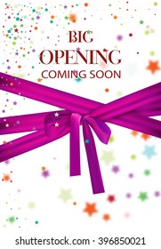 Big opening coming soon vector illustration with colorful stars and pink long ribbon