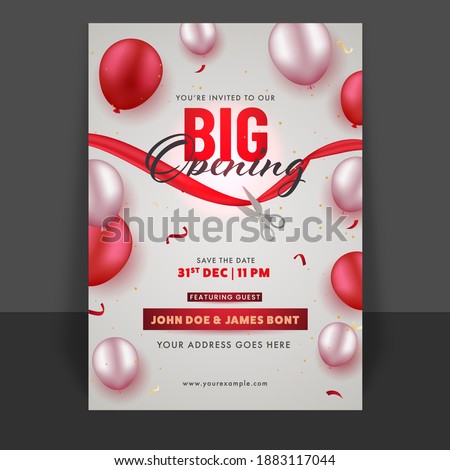 Big Opening Flyer Or Template Design With Glossy Balloons And Event Details.