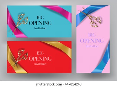 Big opening invitation cards with scissors and silk ribbons