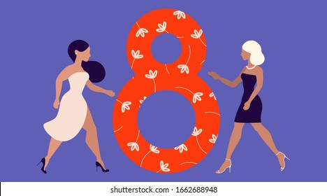 Big orange 8 number and two infographic women on a purple background. March, International Women's day. Ladies dressed in dresses, wearing high heels, dark and short hair. Trendy vector illustration.