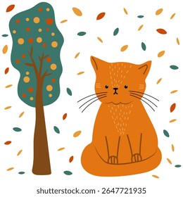 Big orange cat sitting near the tree. Cute kitten.
