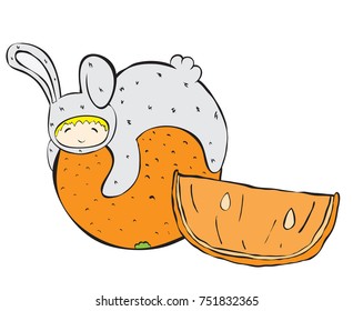 big orange and child in a rabbit costume,useful fruits and children, nutrition for kids, healthy diet, vector image, cartoon character, outline style