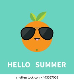 Big orange citrus fruit with leaf wearing sunglasses. Cute cartoon smiling character. Hello summer Greeting Card. Flat design. Blue background. Vector illustration