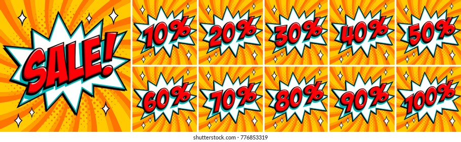 Big orange color sale set. Sale inscription and all percent % numbers. orange and red colors. Pop-art comics style web banners, flash animation, stickers, tags. Vector illustration