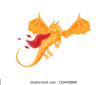 Big orange dragon breathing red fire. Mythical monster with large wings. Fantastic creature. Flat vector design