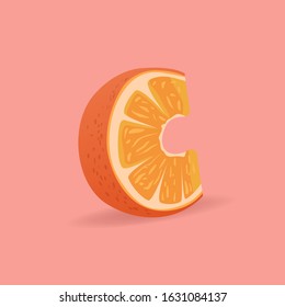 Big orange letter C. Breakfast handcrafted typeface on a pink background. Cartoon eco alphabet. Friendly set