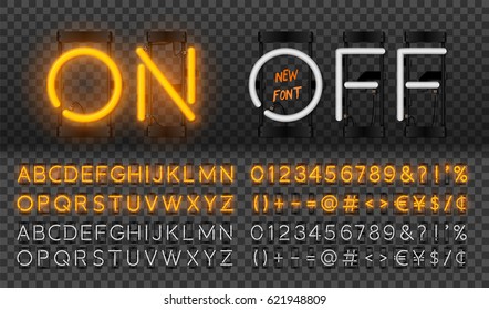 Big orange neon set glowing alphabet with numbers and punctuation marks. Vector On, Off lamp isolated on transparent background.