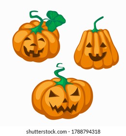 Big orange pumpkin with eyes cut out nose and grin mouth for Halloween. Jack lantern a symbol of the holiday eve of All Saints Day. Stock vector flat illustration isolated on white background.