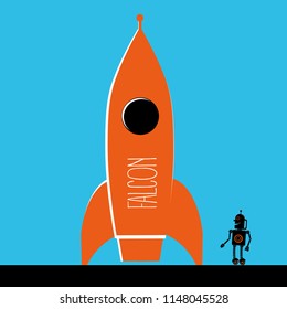 Big orange rocket and small robot on blue background.