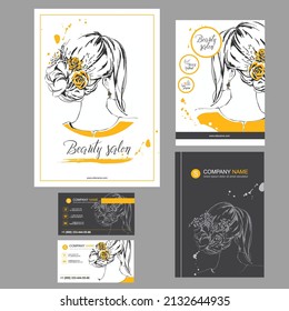Big orange set of hand drawn templates for card flyer, poster, brochure and leaflet design. Fashion illustration with woman fits for fashion shop, magazine, spa salon, hairdresser salon Vector graphic