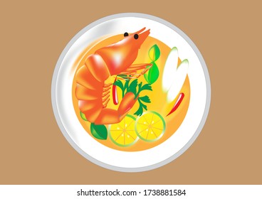 Big orange shrimp in a Thai food bowl named Tom Yam Kung.
