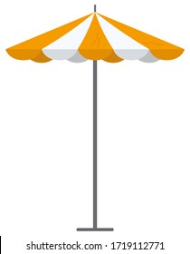 Big orange striped market summer outdoor umbrella isolated on white background. Parasol beach protection form sun and rain flat vector illustration