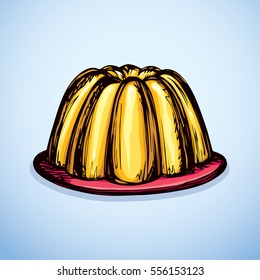 Big orange tasty flavor cool jell torte on plate isolated on white backdrop. Vibrant color hand drawn picture sketch in retro scribble graphic style