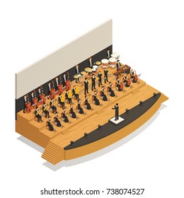 Big orchestra playing classical music on stage with conductor 3d isometric composition vector illustration