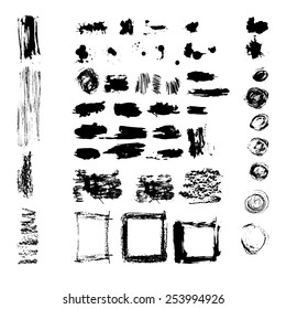Big original hand drawn set of scribbles, grunge labels, circular and square frames. 