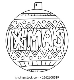 Big ornamental christmas ball coloring page stock vector illustration. Detailed printable black outline vintage Xmas tree decor white isolated. Christmas tree decoration ball for printing and coloring