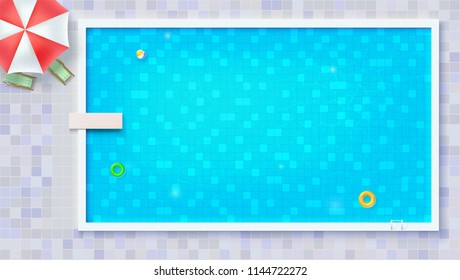 Big outdoor pool with inflatable water toys, flat lay view. Air mattress, beach ball, rubber circle. Blue ripped water in swimming pool and diving board, top view. Vector template for events, cover.