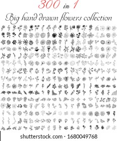 Big outline collection of 300 hand-drawn flowers. Big floral botanical flowers set isolated on a white background. Hand drawn vector collection. Spring blossom. Floral bouquet decoration