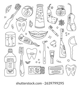 Big outline dental care and stomatology set with oral cleaning tools, funny tooth characters, mouth care products. Toothpaste, brush, floss, mouth. Lovely hand drawn teeth hygiene isolated doodle.