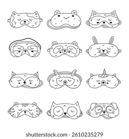 Big outline doodle animal sleeping mask set in the shape of pet head. Cute kids eye mask collection with cat, frog, tiger, pug head. Hand drawn good night accessory for resting isolated on white.