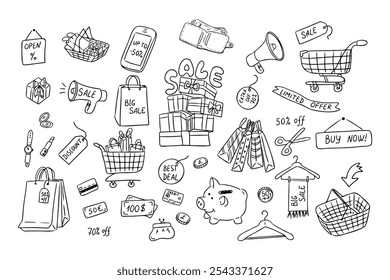 Big outline doodle set with hand drawn elements for Big Sale. Vector trolley, cart,, money, coins wallet, cosmetics, paper pack and related elements isolated on white background for coloring pages