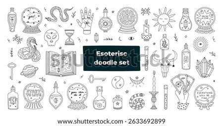 Big outline esoteric and wizard set with magician potion, spell book, crystal ball with prophecy, astrology and spiritual icons. Lovely hand drawn Halloween doodle for tattoo, design, web, print.