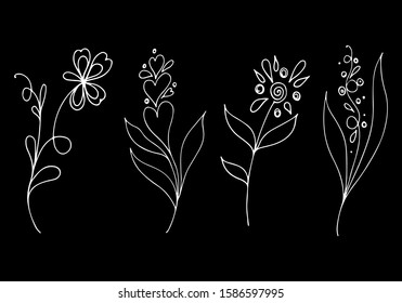 Big outline set of summer tropical flowers. Floral botanical flower set isolated on black background. Hand drawn vector collection. Botanical Hawaii nature. Tropical palm icon. Hawaiian collection
