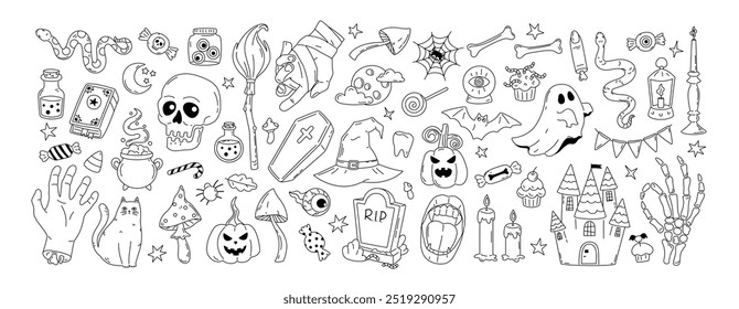 Big outline vector set Halloween elements: pumpkin, skull, castle, coffin, grave, bat, black cat, bone, skeleton. Line art illustration. Halloween items for coloring book for children.