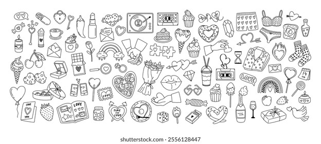 Big outline vector set stickers of Valentine's Day and Love. Line art design concept of romantic elements and symbols. Doodle pack for coloring book, scrapbooking, print. Hand drawn illustration