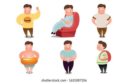 Big overweight boys doing everyday things vector illustration
