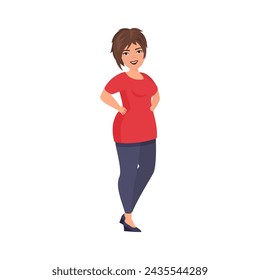 Big overweight happy woman with short hair standing in confident pose with hands on hips vector illustration