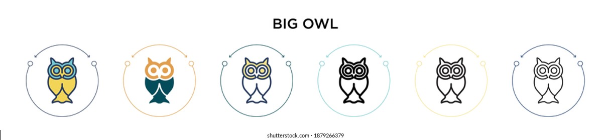 Big owl icon in filled, thin line, outline and stroke style. Vector illustration of two colored and black big owl vector icons designs can be used for mobile, ui, web