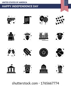 Big Pack of 16 USA Happy Independence Day USA Vector Solid Glyphs and Editable Symbols of usa; bag; balloons; party bulb; buntings Editable USA Day Vector Design Elements