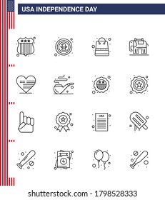Big Pack of 16 USA Happy Independence Day USA Vector Lines and Editable Symbols of american; heart; bag; usa; elephent Editable USA Day Vector Design Elements