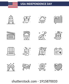 Big Pack of 16 USA Happy Independence Day USA Vector Lines and Editable Symbols of frise; video; sweet; movis; usa Editable USA Day Vector Design Elements