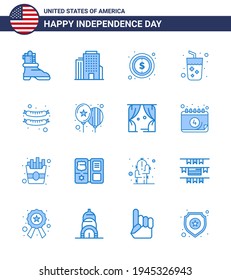 Big Pack of 16 USA Happy Independence Day USA Vector Blues and Editable Symbols of balloons; frankfurter; dollar; food; juice Editable USA Day Vector Design Elements