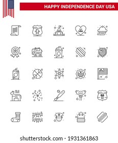 Big Pack of 25 USA Happy Independence Day USA Vector Lines and Editable Symbols of muffin; cake; camp; usa; love Editable USA Day Vector Design Elements