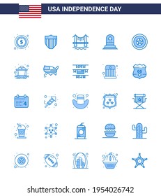Big Pack of 25 USA Happy Independence Day USA Vector Blues and Editable Symbols of independece; rip; bridge; gravestone; death Editable USA Day Vector Design Elements
