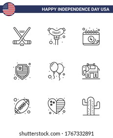 Big Pack of 9 USA Happy Independence Day USA Vector Lines and Editable Symbols of party; celebrate; calendar; balloons; protection Editable USA Day Vector Design Elements