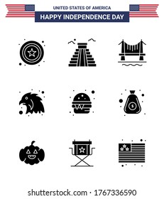 Gran Paquete de 9 USA Feliz Día de la Independencia USA Vector Glifos Sólidos y Símbolos Editables de la comida; rápido; construcción; hamburguesa; elementos de diseño de vectores editables por el día USA para aves