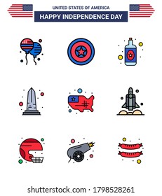 Gran paquete de 9 líneas llenas de vectores USA Happy Independence Day y símbolos editables de estados; washington; alcohol; ee.uu. monumento Editable USA Day Vector Elementos de diseño