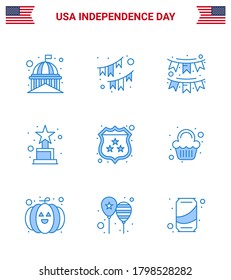 Big Pack of 9 USA Happy Independence Day USA Vector Blues and Editable Symbols of cake; shield; party; security; trophy Editable USA Day Vector Design Elements
