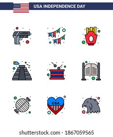 Big Pack of 9 USA Happy Independence Day USA Vector Flat Filled Lines and Editable Symbols of day; landmark; garland; building; food Editable USA Day Vector Design Elements