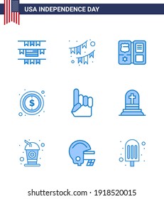 Big Pack of 9 USA Happy Independence Day USA Vector Blues and Editable Symbols of hand; sign; book; dollar; usa Editable USA Day Vector Design Elements