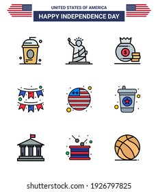 Big Pack of 9 USA Happy Independence Day USA Vector Flat Filled Lines and Editable Symbols of party; buntings; statue; american; money Editable USA Day Vector Design Elements