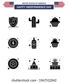 Big Pack of 9 USA Happy Independence Day USA Vector Solid Glyphs and Editable Symbols of cake; bottle; dessert; alcohol; dollar Editable USA Day Vector Design Elements