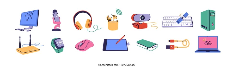 Big pack of computer accessories. Office electronics stuff like headphones, microphones, USB, laptop, tablet, mouse, router, watches, web camera. Contemporary school supplies concept. Isolated vector
